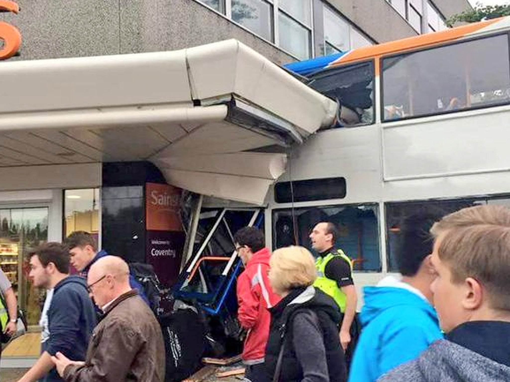 The scene where a bus crashed into a Sainsbury's supermarket in Coventry