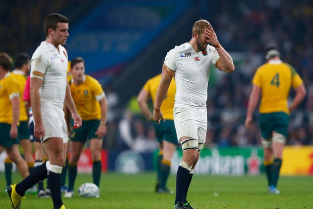 Chris Robshaw reacts after England are knocked out of the Rugby World Cup