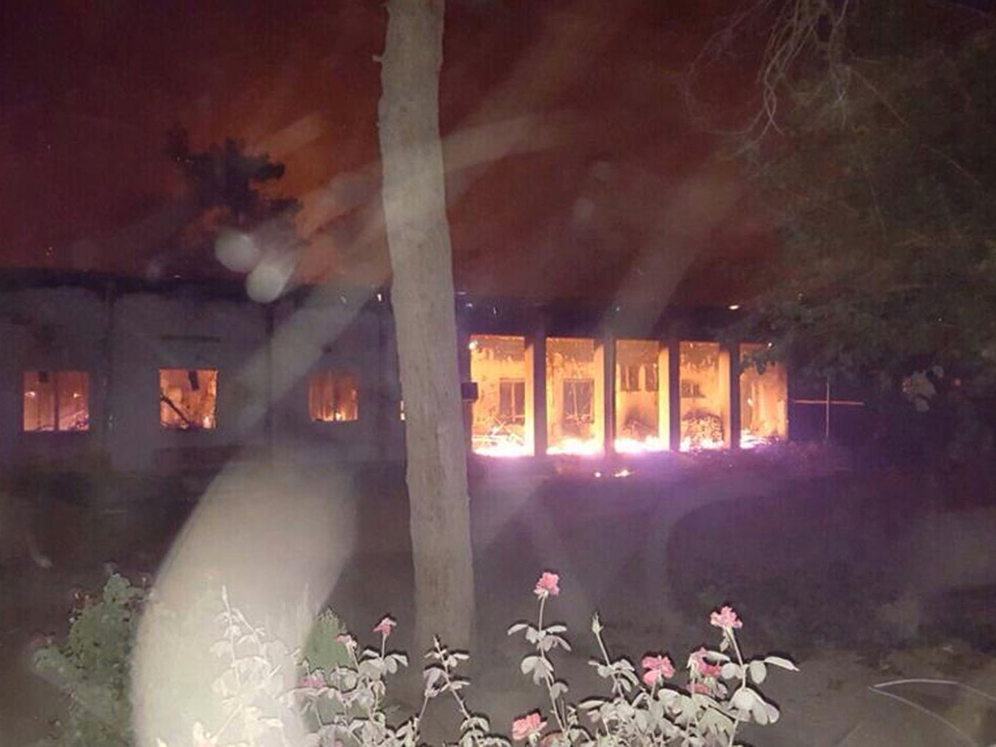 The Doctors Without Borders hospital is seen in flames, after an explosion in the northern Afghan city of Kunduz