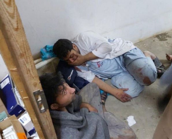 Medical staff in the immediate aftermath of an airstrike against their hospital in Kunduz, Afghanistan