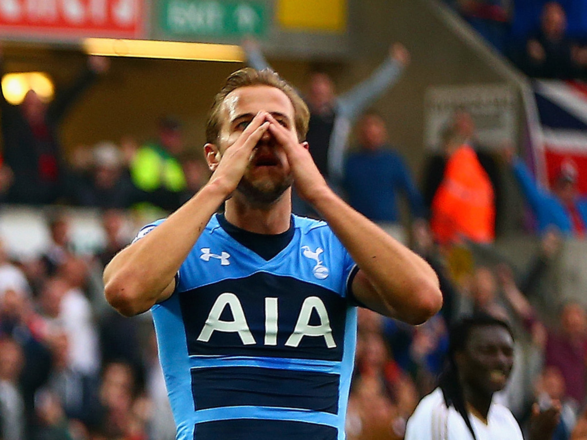 Harry Kane reacts after his own goal for Swansea