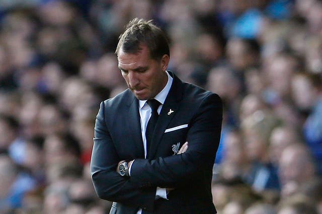 Liverpool manager Brendan Rodgers looks dejected as Liverpool can only draw with Everton