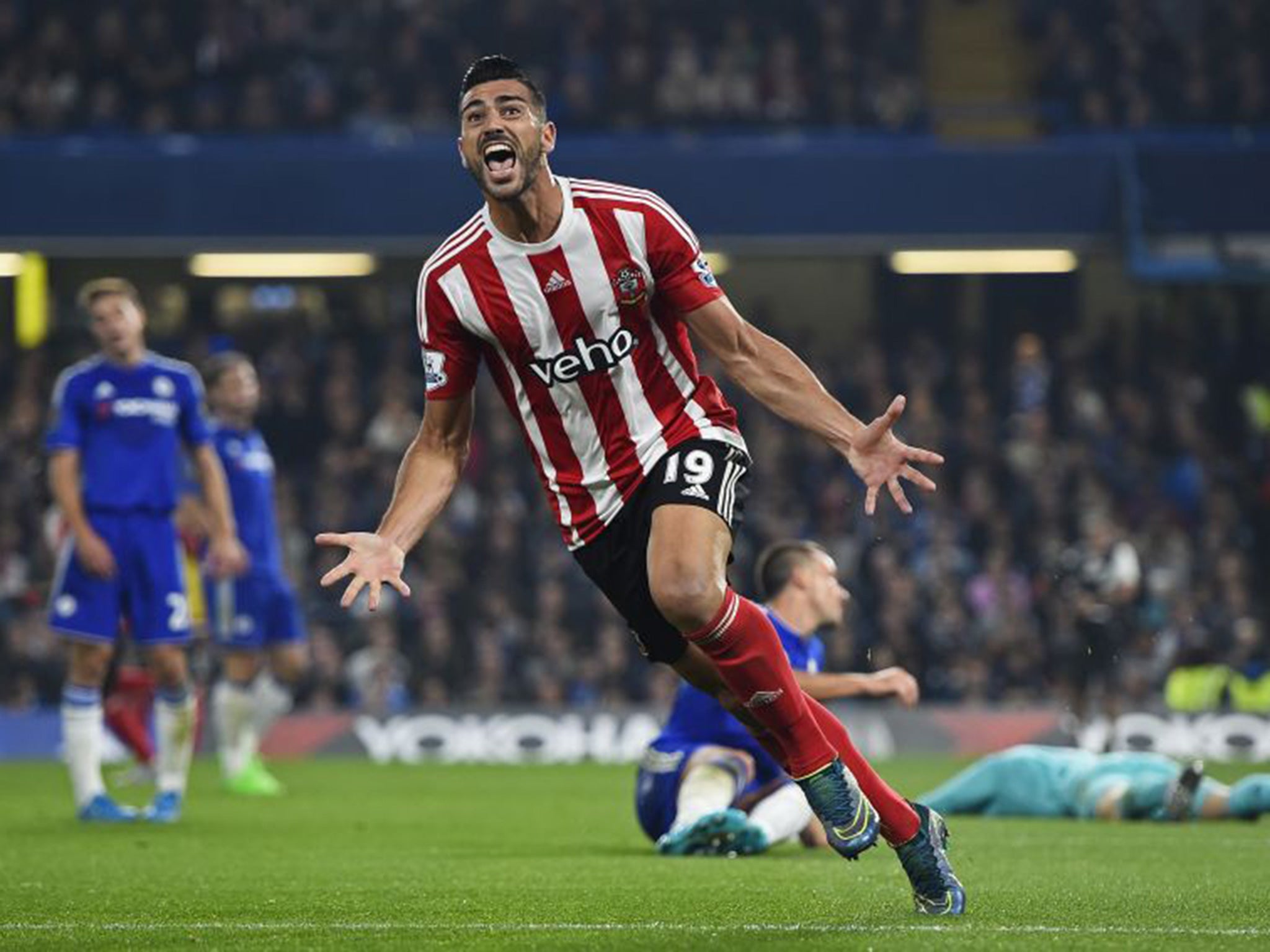 Graziano Pelle celebrates after scoring the third goal for Southampton at Chelsea on Saturday