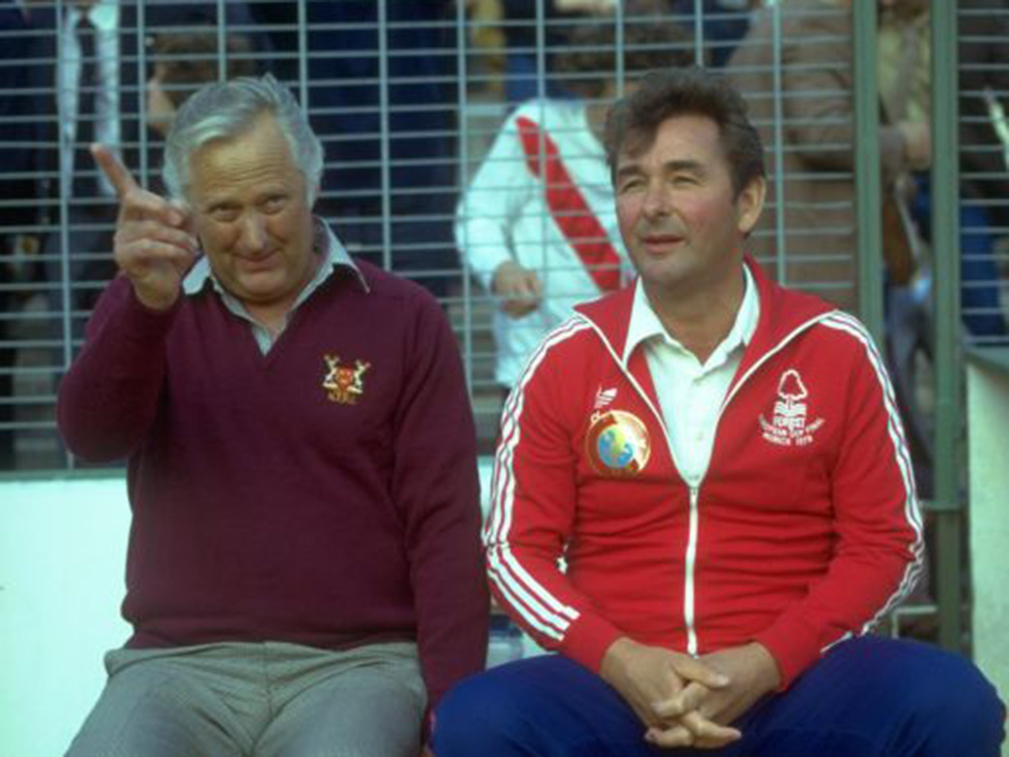 Nottingham Forest manager Brian Clough (right) and assistant Peter Taylor watch the European Cup final against Malmo in 1979