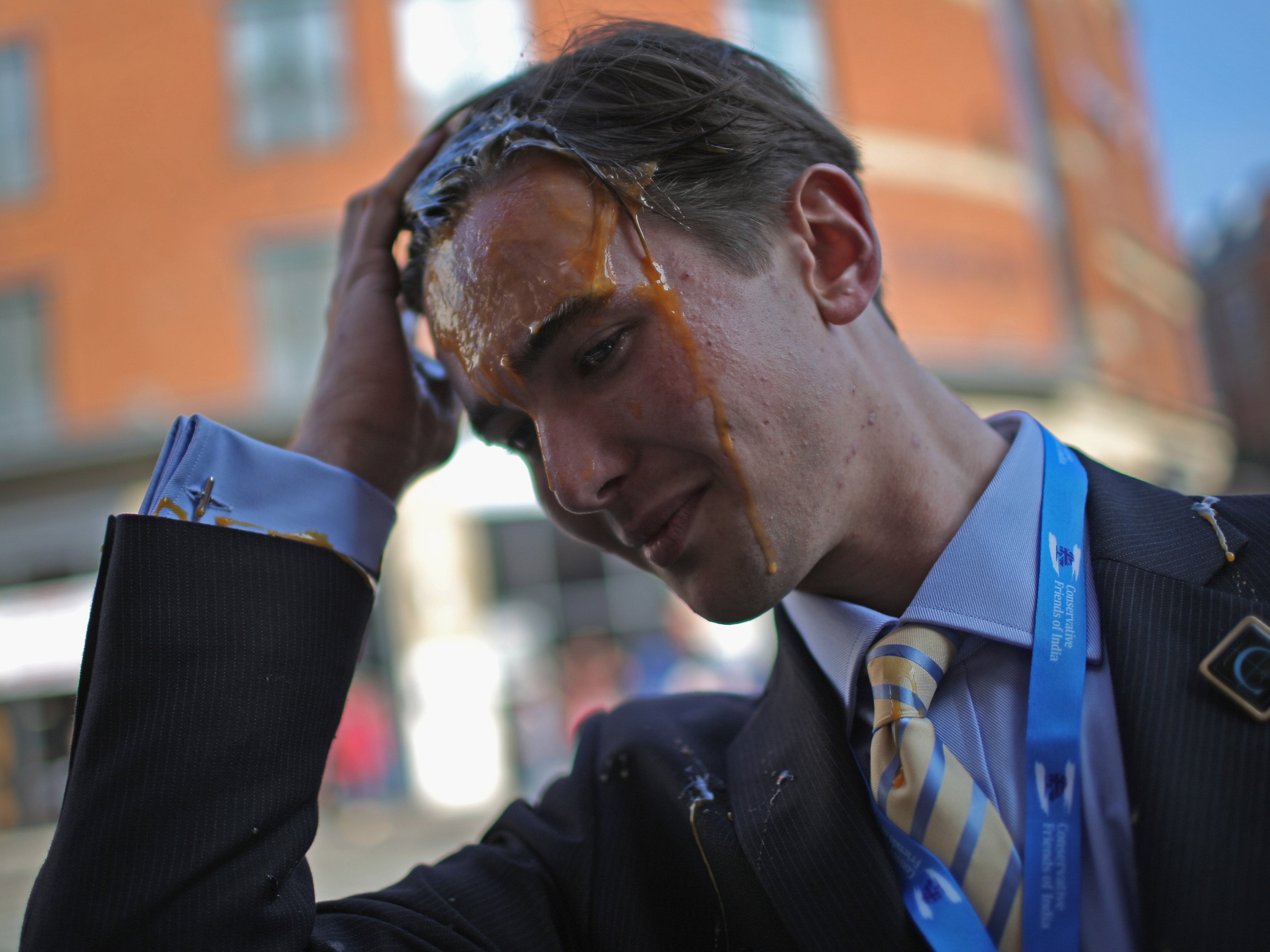 One smartly-dressed young conference-goer, was egged in the city centre