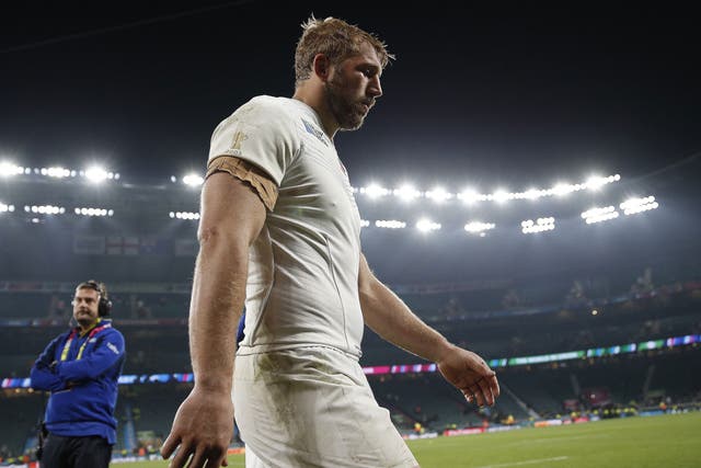 England's flanker and captain Chris Robshaw reacts after losing a Pool A match of the 2015 Rugby World Cup between England and Australia at Twickenham stadium, south west London, on October 3, 201