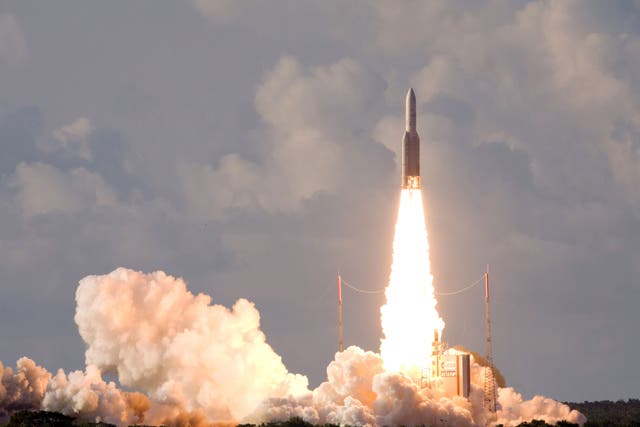 An Ariane-5 rocket, carrying two telecommunication satellites Eutelsat 25B/ Eshail1 (France/Qatar) and GSAT-7 (India) blasts off from the European space centre of Kourou, French Guiana on August 30, 2013