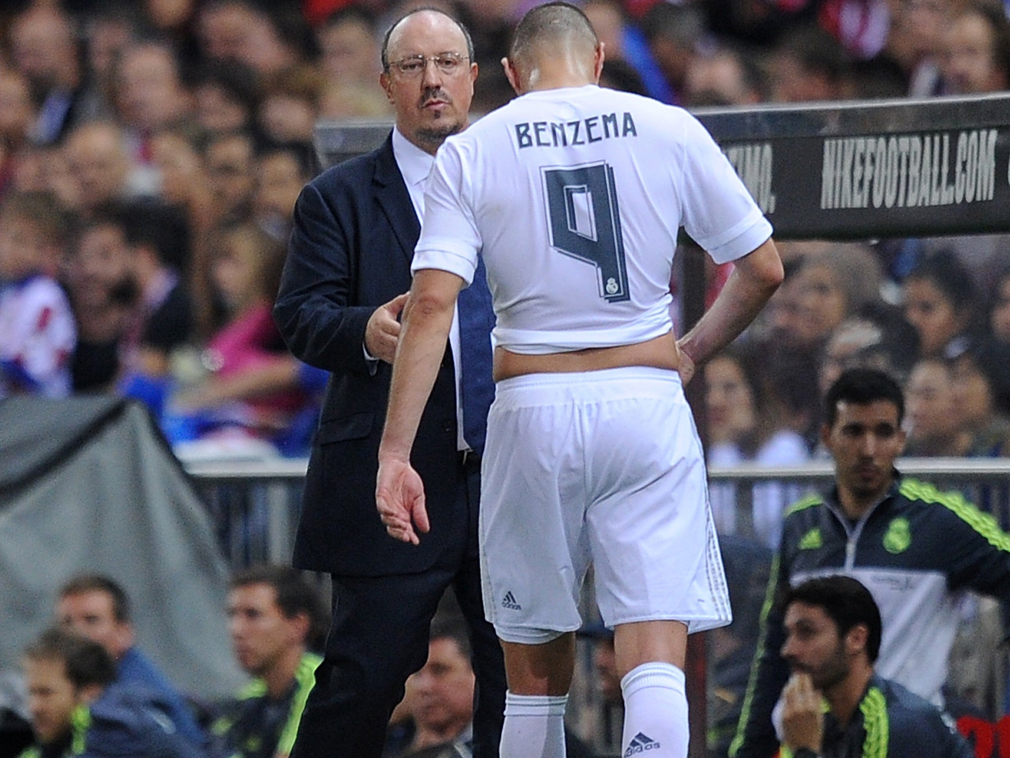 Karim Benzema (right) is substituted by Rafa Benitez