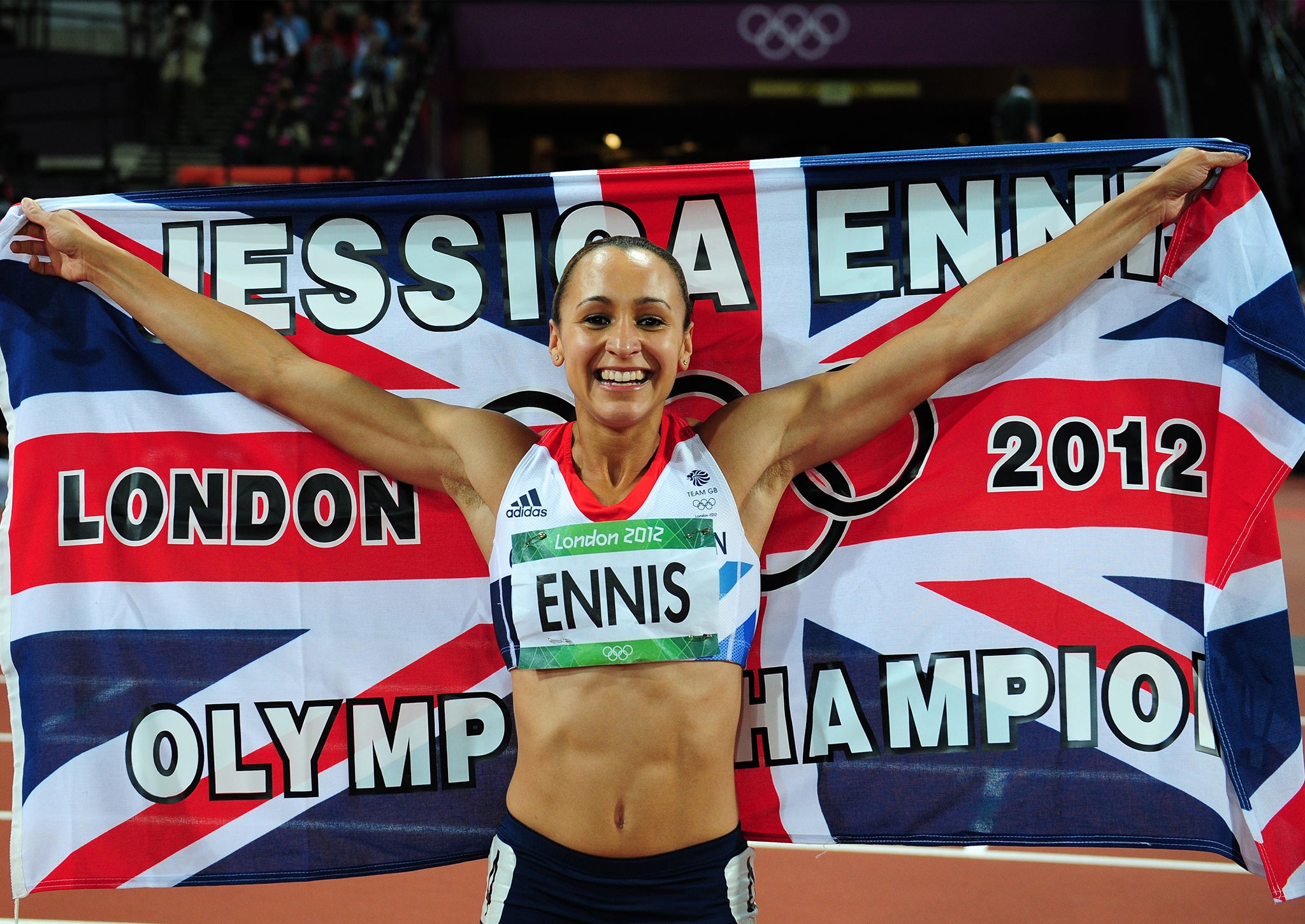 Jessica Ennis celebrates winning gold in the Women's Heptathlon on Day 8 of the London 2012 Olympic Games