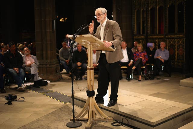 Labour leader Jeremy Corbyn spoke at a rally organised by the Communications Workers Union at Manchester Cathedral on Monday