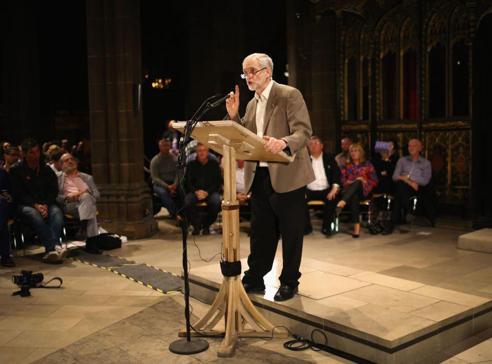 Labour leader Jeremy Corbyn spoke at a rally organised by the Communications Workers Union at Manchester Cathedral on Monday