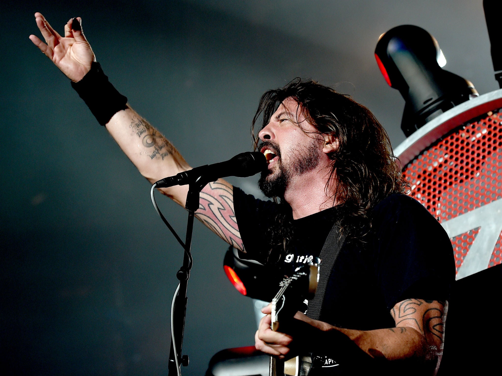 Dave Grohl performs with the Foo Fighters on a throne made from guitars