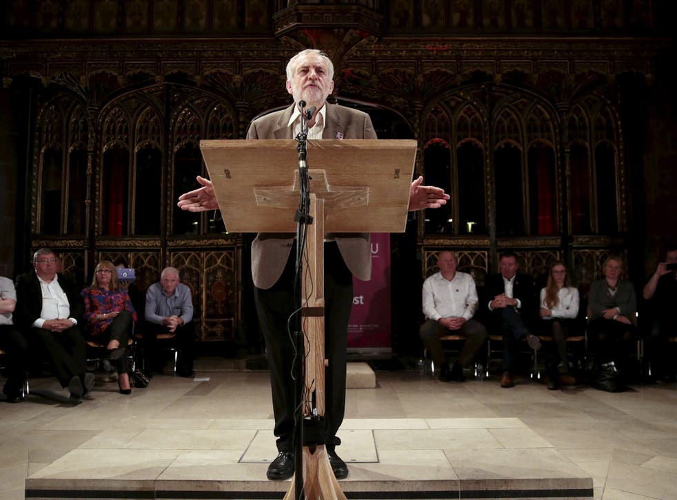 Jeremy Corbyn speaks to crowds gathered at the Manchester Cathedral