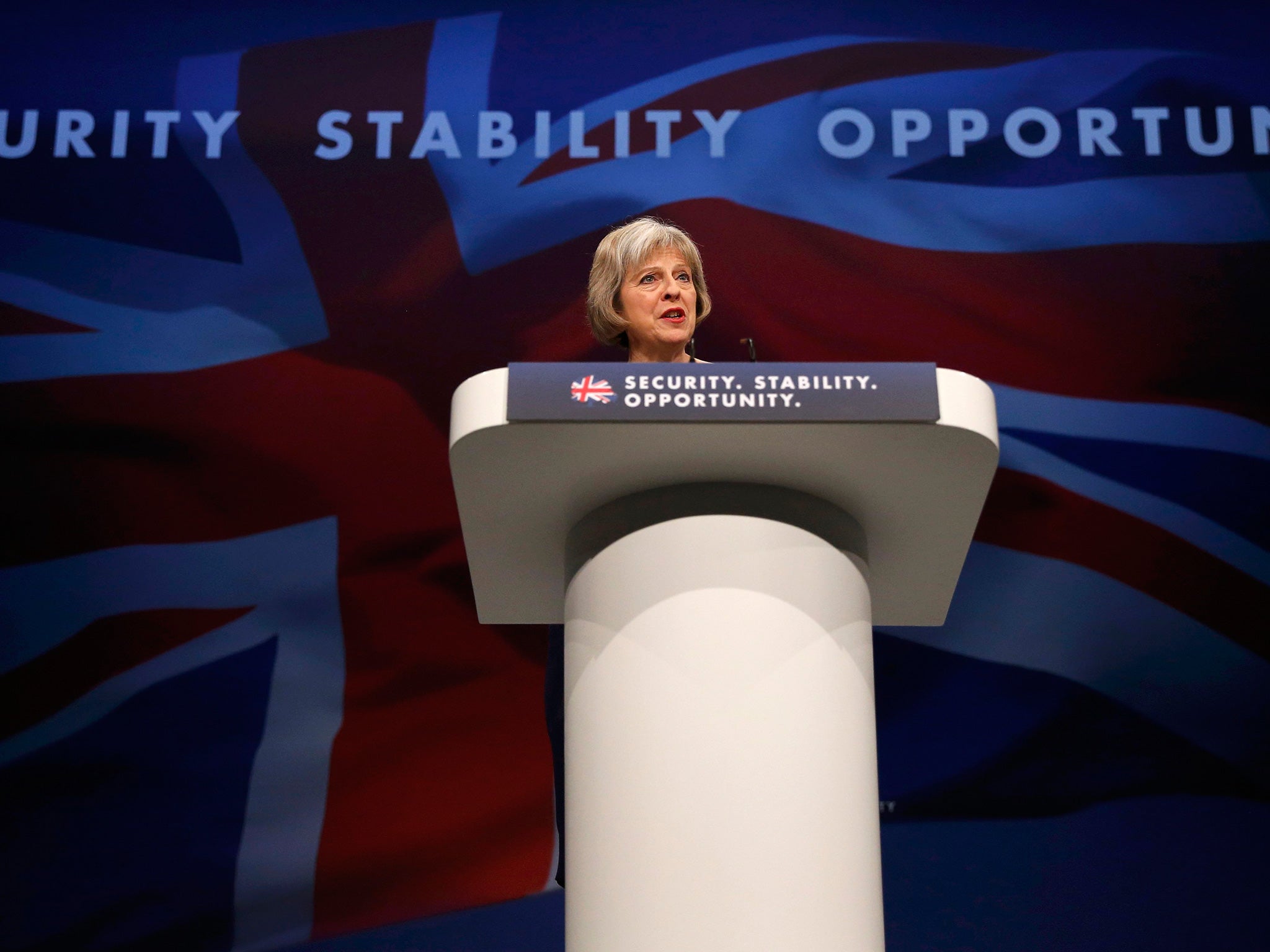 Home Secretary Theresa May speaks on the third day of the Conservative Party Conference in Manchester