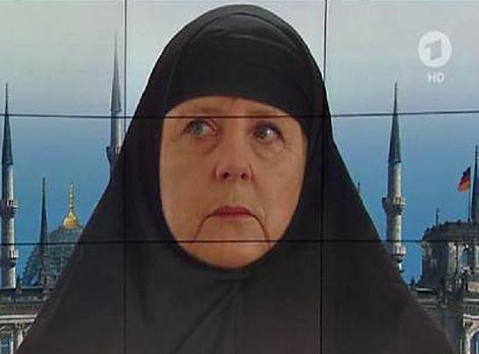 The photo-montage of Angela Merkel was used as the backdrop to a TV debate on whether Germany should introduce quotas on refugees.