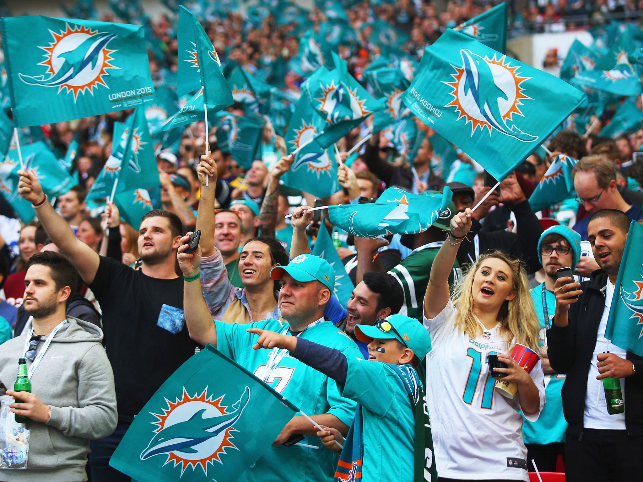 Enthusiastic Miami Dolphins fans show their support at Wembley on Sunday (Getty)