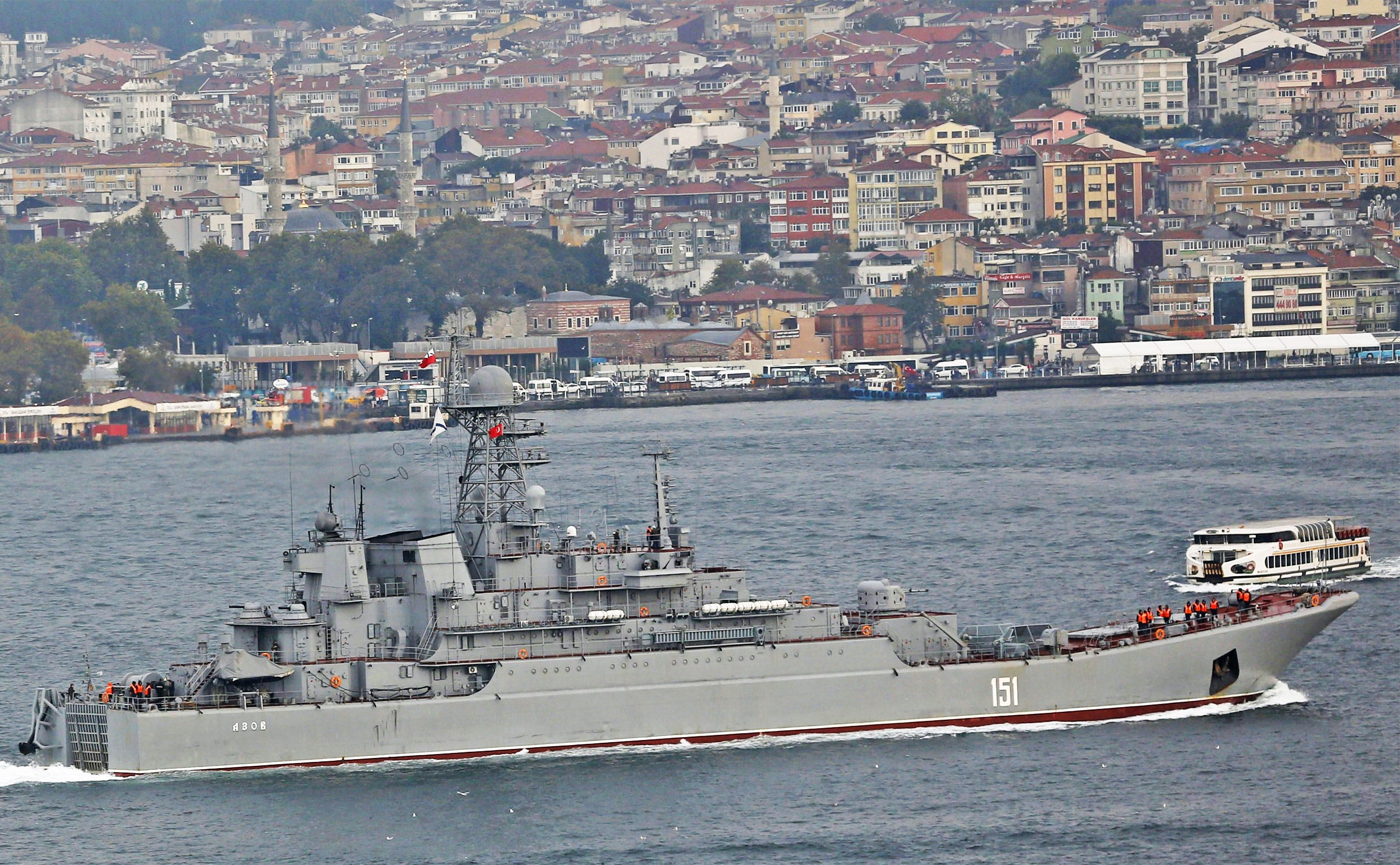 Russian naval landing ship Azov sails in the Bosphorus, on its way to the Mediterranean Sea, in Istanbul, on Tuesday