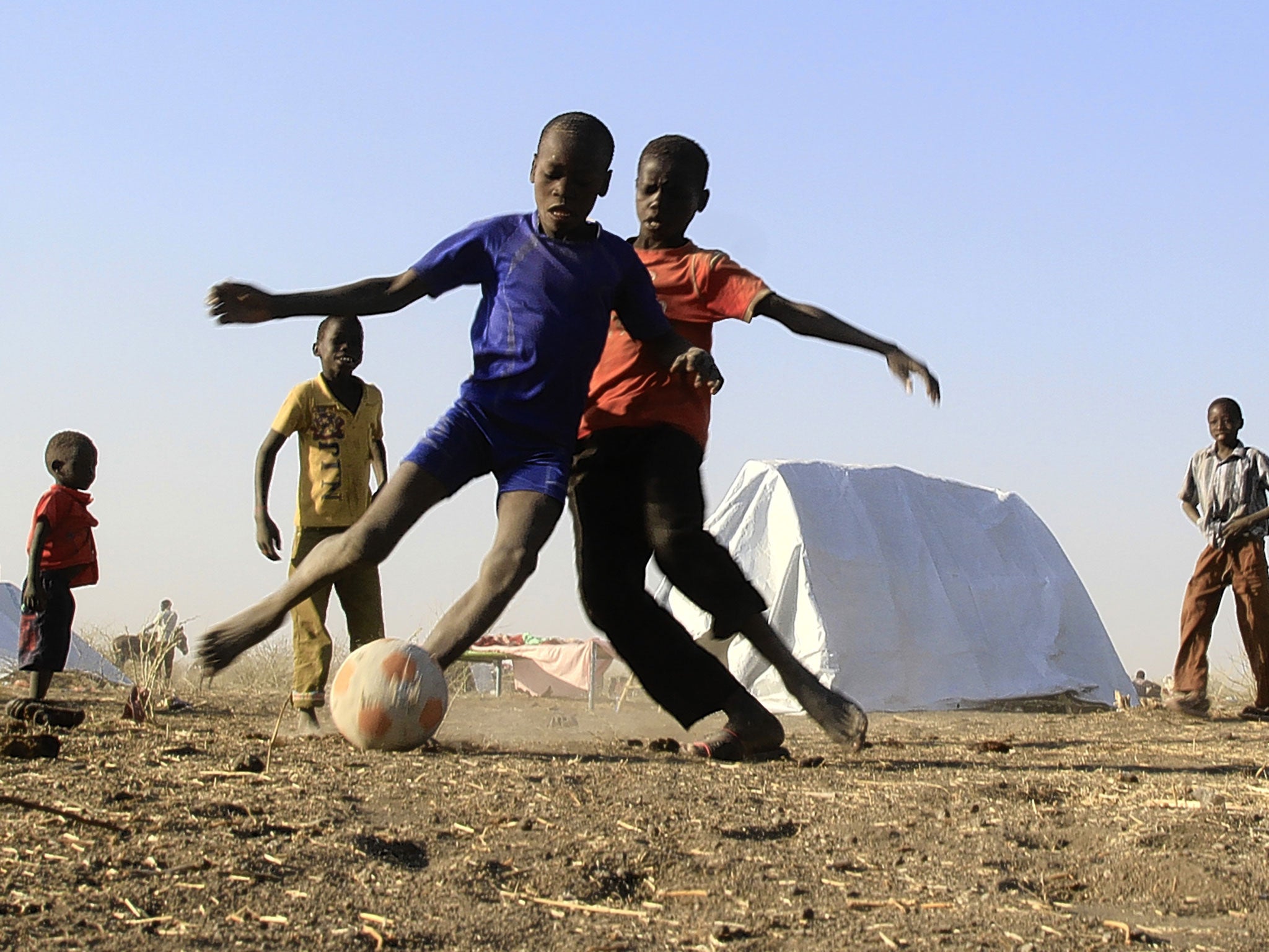 Children play football in a South Sudanese refugee camp last year set up after the country collapsed into a savage civil war