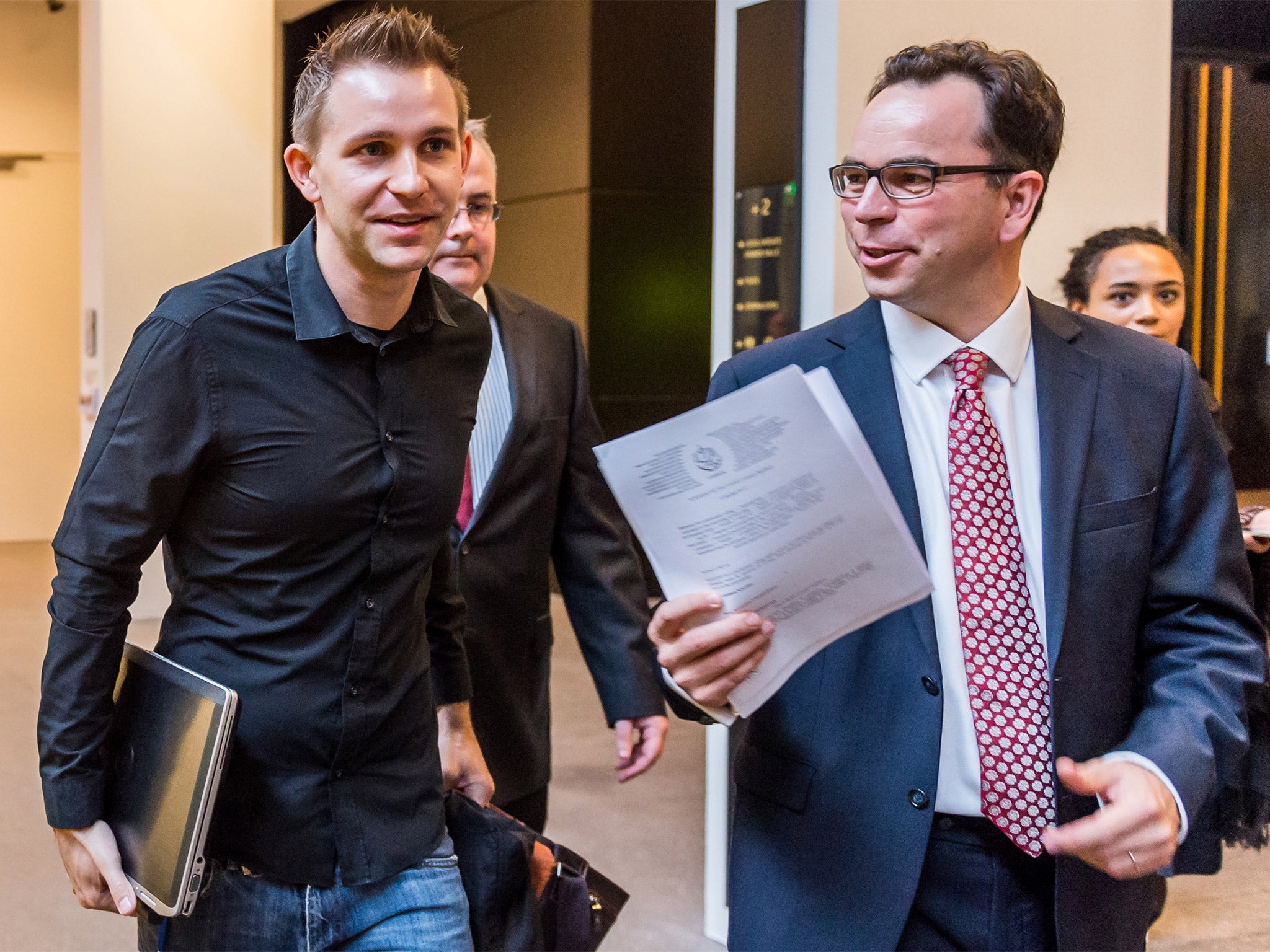 Max Schrems (left) and his lawyer Herwig Hofmann, at the European Court of Justice