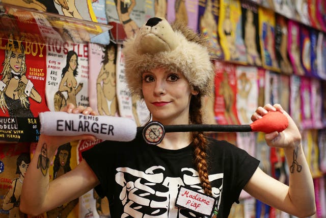 British artist Lucy Sparrow during a preview of her solo show 'Madame Roxy's Erotic Emporium' - a Soho sex shop created entirely from felt - in Soho, London