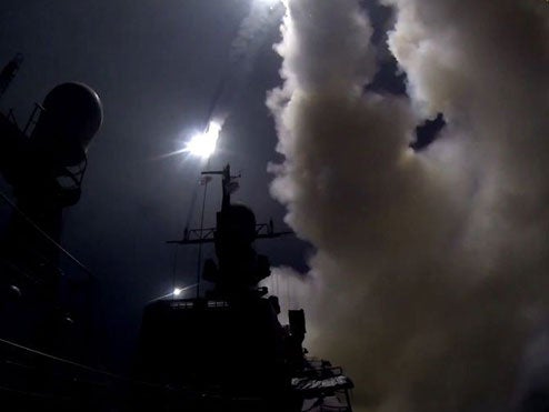 A warship of the Caspian Flotilla launching missiles from the deployment area in the south-western Caspian Sea