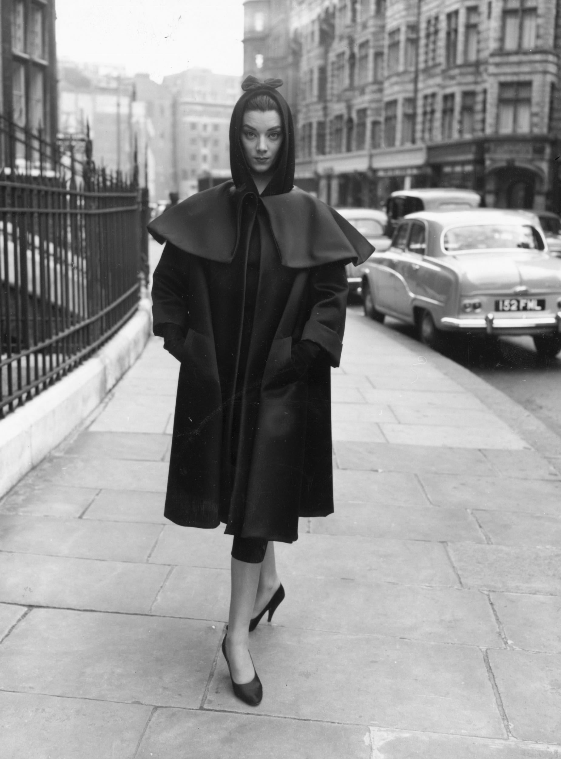 A signature architectural and severe Balenciaga look, from 1955 (Photo by Terry Fincher/Keystone/Getty Images)