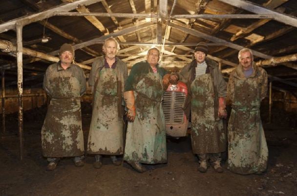 A group of farmers, fresh from harvesting rhubarb