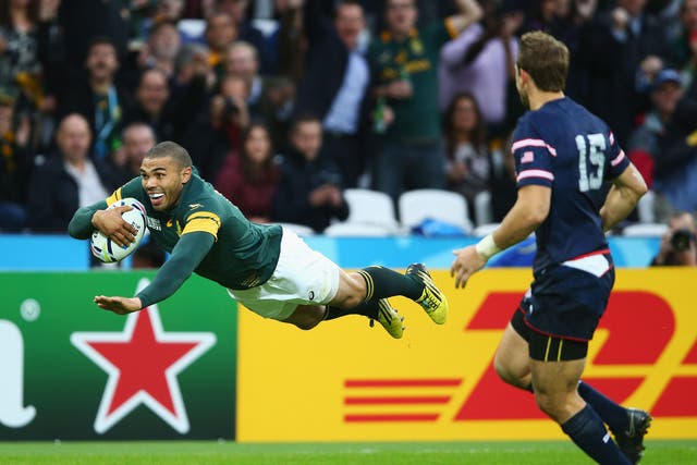 Bryan Habana dives over the line to score a try for South Africa
