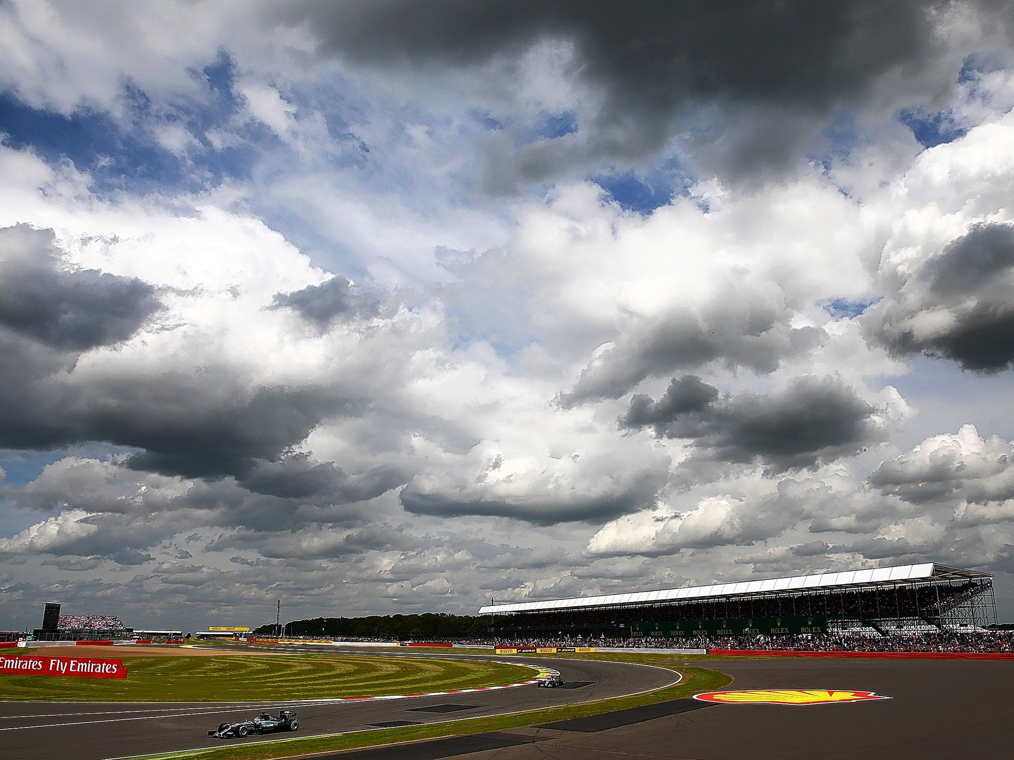 The clouds gather over Silverstone during the British Grand Prix this summer