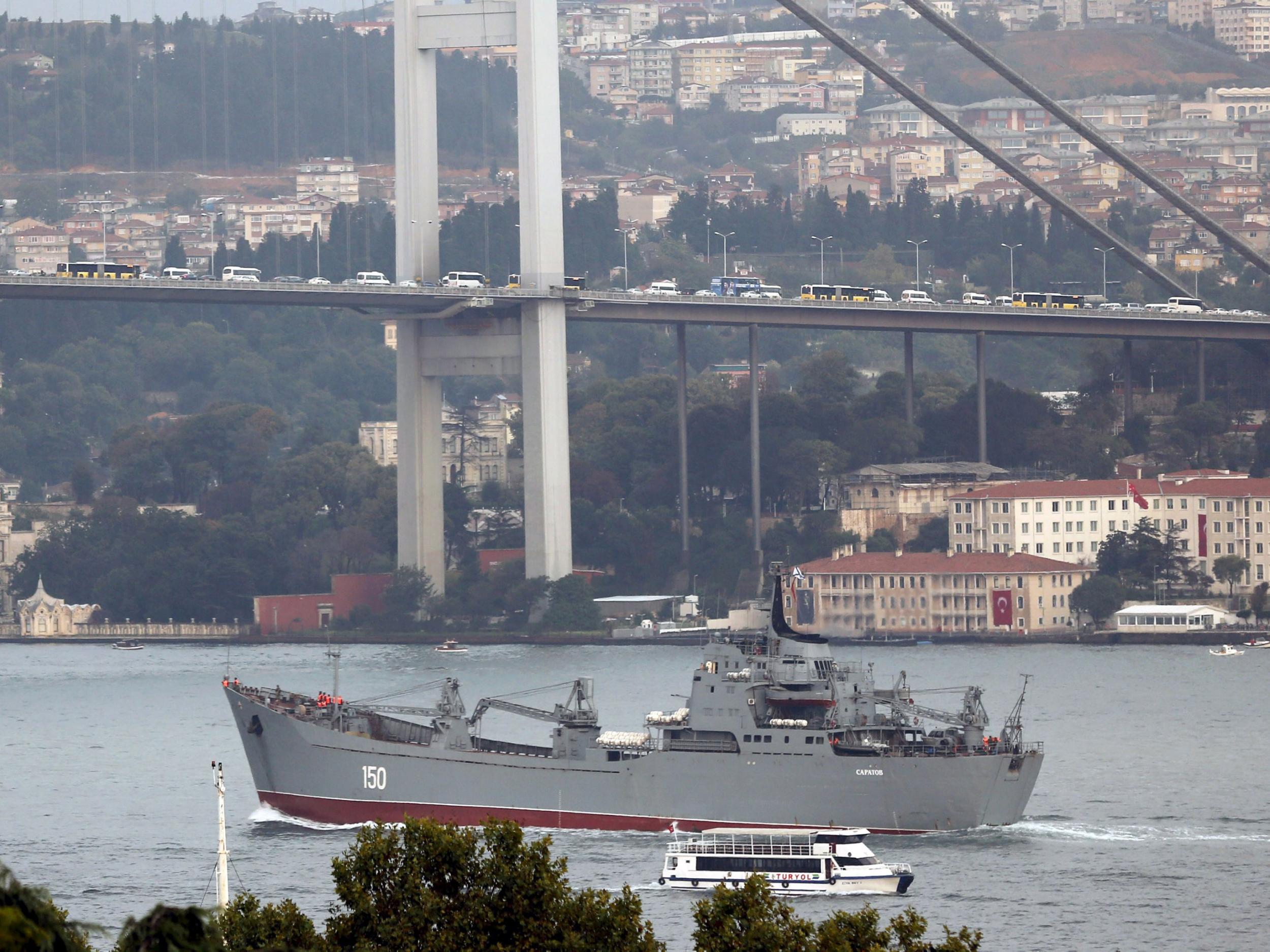 Russian naval landing ship Saratov sails in the Bosphorus, on its way to the Black Sea, in Istanbul, Turkey