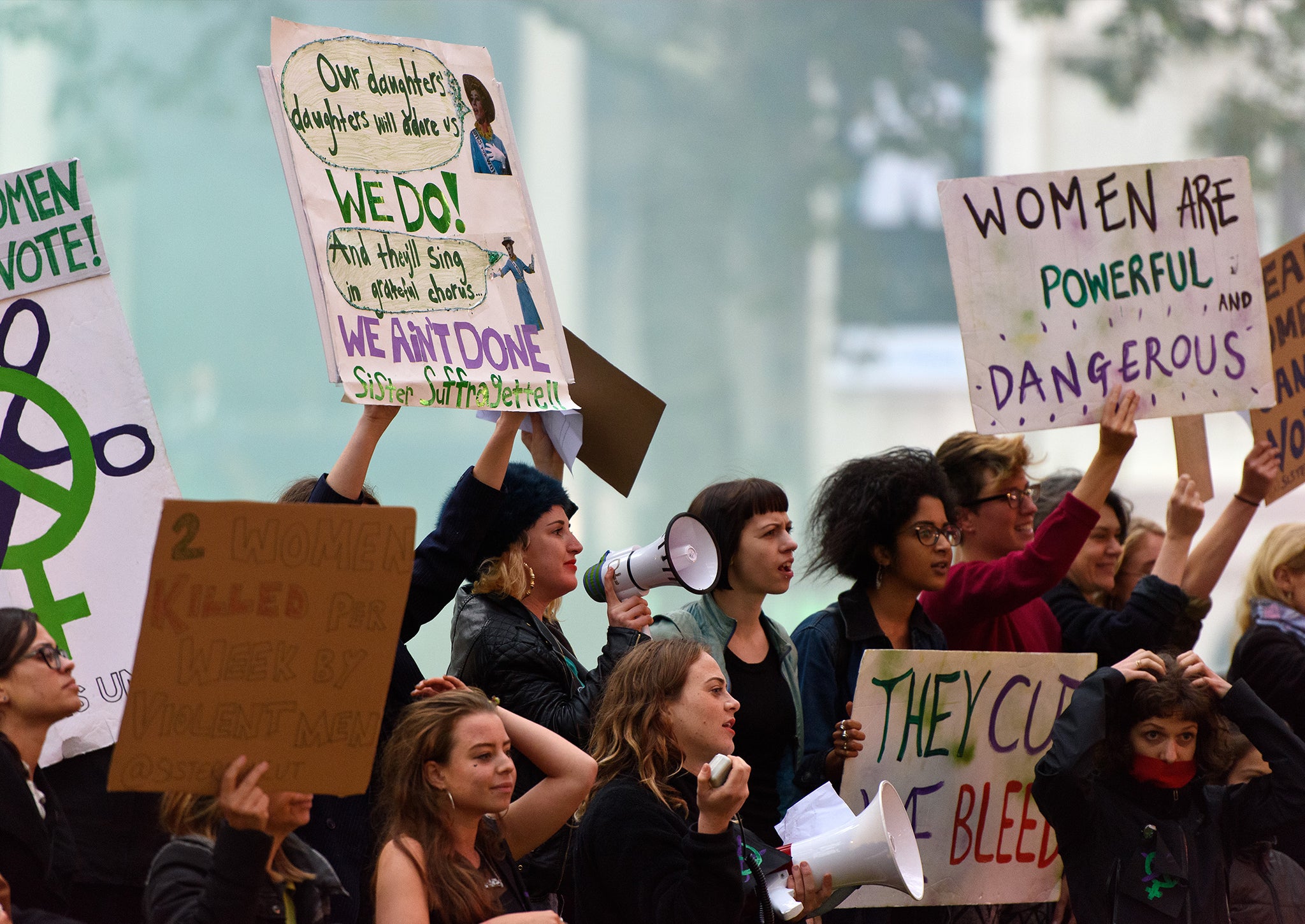 Members of Sisters Uncut demonstrate at the red carpet premiere of Suffragette at Odeon Leicester Square on October 7, 2015 in London, England. The protesters currently campaign for more support for victims of domestic violence.