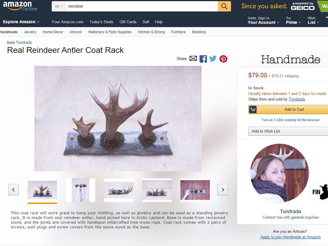 Handmade at Amazon offers homemade goods such as this Antler coat rack