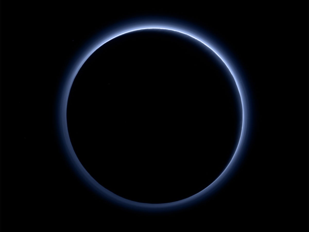 Pluto’s haze layer shows its blue color in this picture taken by the New Horizons Ralph/Multispectral Visible Imaging Camera (MVIC). The high-altitude haze is thought to be similar in nature to that seen at Saturn’s moon Titan. This image was generated by software that combines information from blue, red and near-infrared images to replicate the color a human eye would perceive as closely as possible