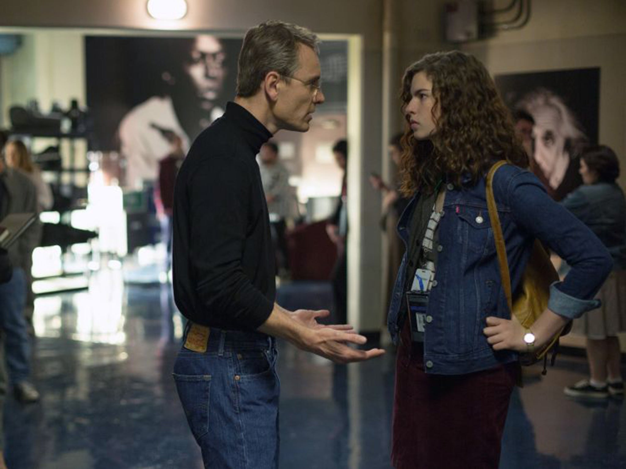 Michael Fassbender, left, and Perla Haney-Jardine appear in a scene from, "Steve Jobs."