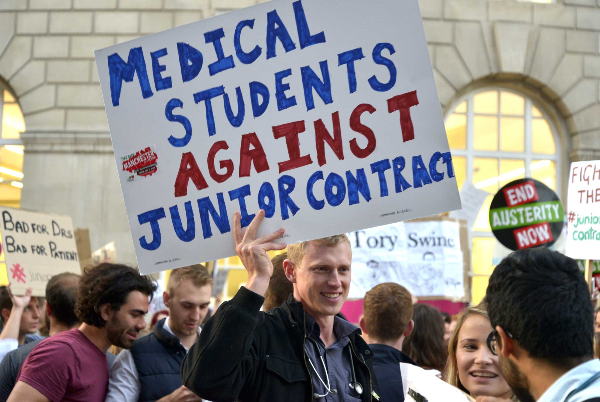 Junior doctors protesting against the new 'imposed' contracts, in Manchester