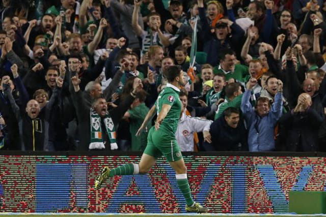 Shane Long celebrates scoring the Republic’s winner with 20 minutes to go on Thursday night
