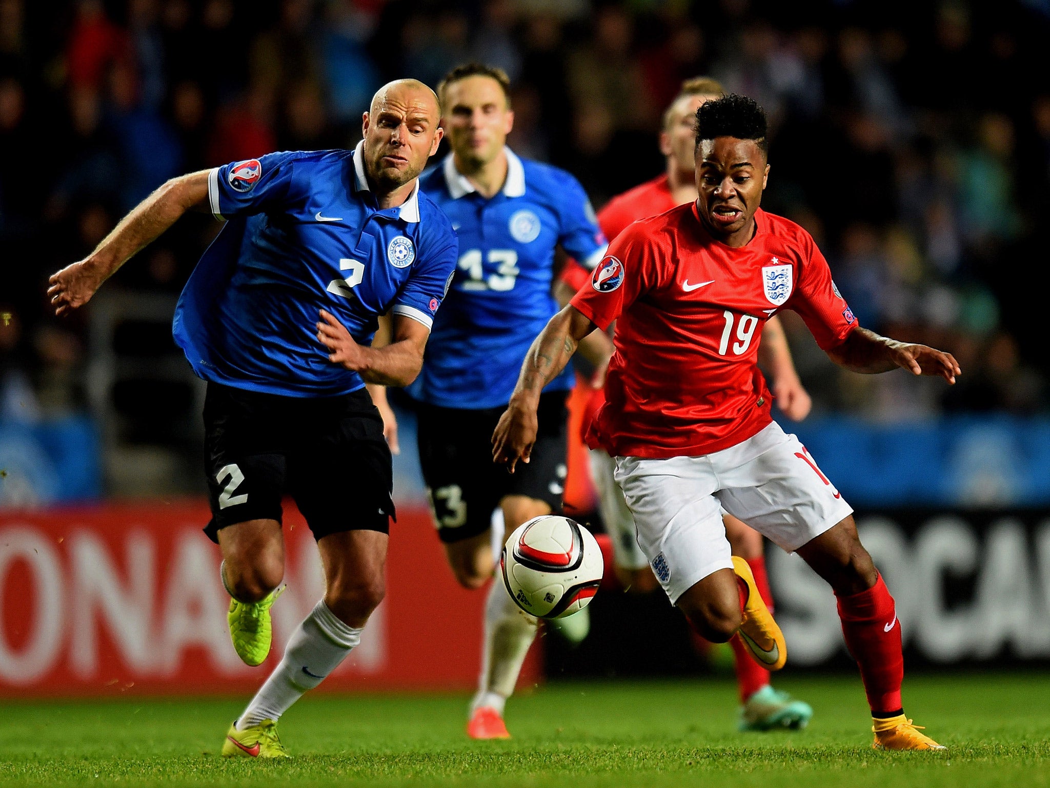 Raheem Sterling playing for England in last year's away fixture against Estonia