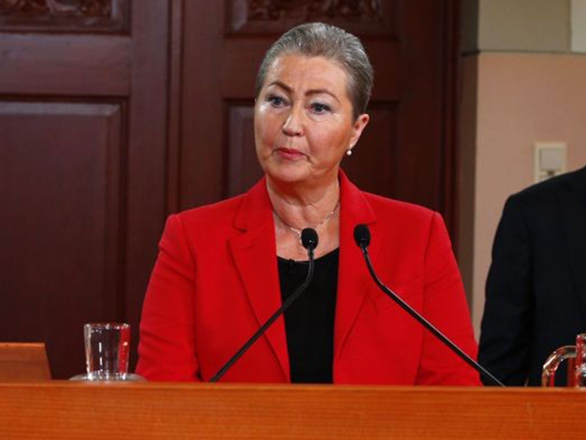 Kaci Kullmann Five, the new head of the Norwegian Nobel Peace Prize Committee, announces the winner of 2015 Nobel peace prize during a press conference in Oslo, Norway, Friday Oct. 9, 2015.