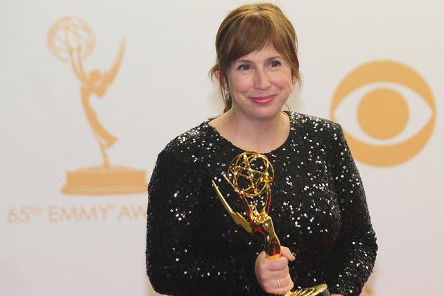 Screenwriter Abi Morgan holds her Emmy for best screenwriter for The Hour