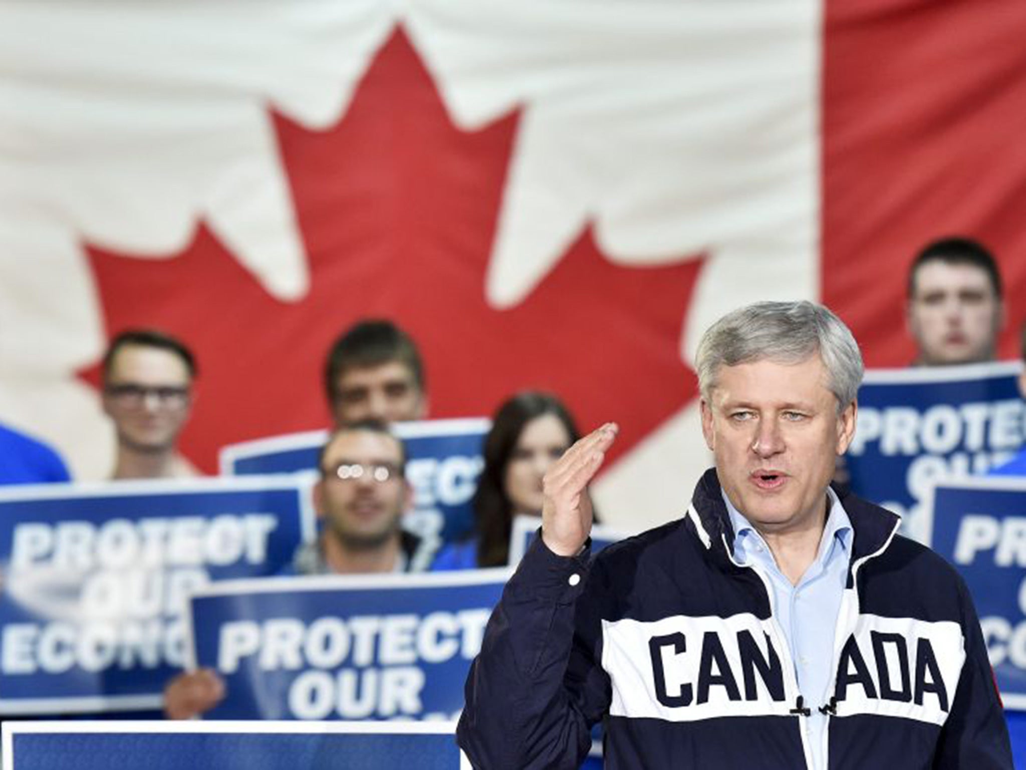 Conservative leader Stephen Harper speaks at a rally during a campaign stop in Bay Robert's
