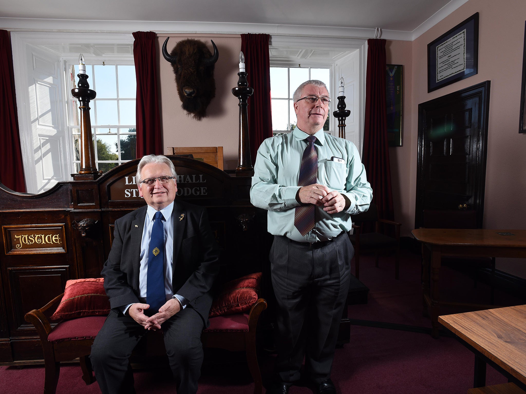 David Jerman (left) and Barrie Kingston at the order’s headquarters in Harrogate. They deny the Royal Antediluvian Order of Buffaloes is a secret society pulling the levers of power