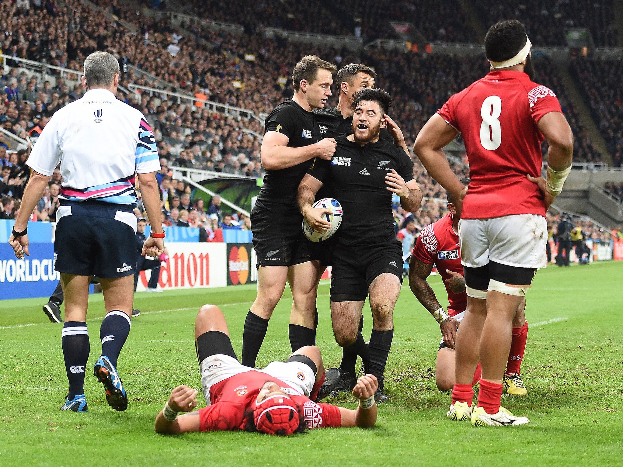 Nehe Milner-Skudder scores his first try for New Zealand against Tonga