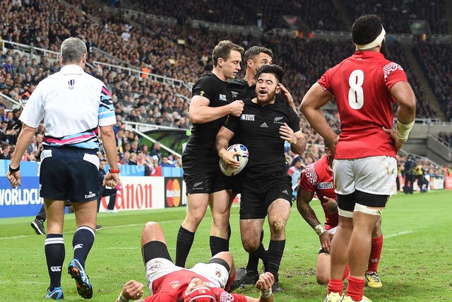 Nehe Milner-Skudder scores his first try for New Zealand against Tonga