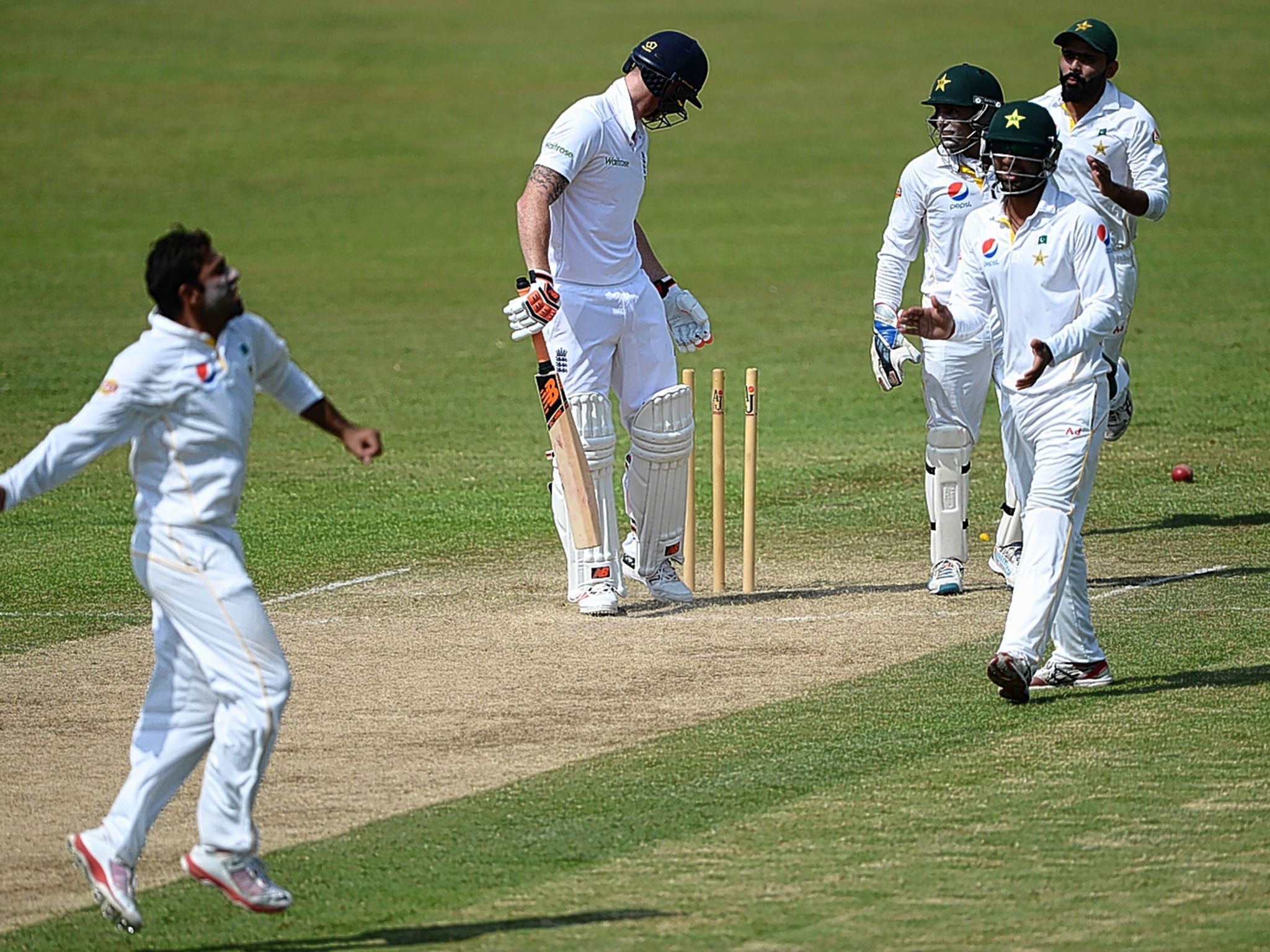 Pakistan A’s Iftikhar Ahmed celebrates bowling Ben Stokes for a duck yesterday