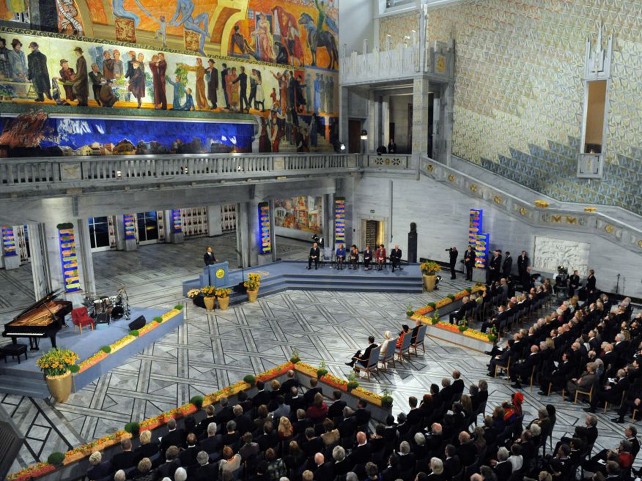 US President Barack Obama delivering his Nobel lecture at the Nobel Peace Prize award ceremony at City Hall in Oslo in 2009