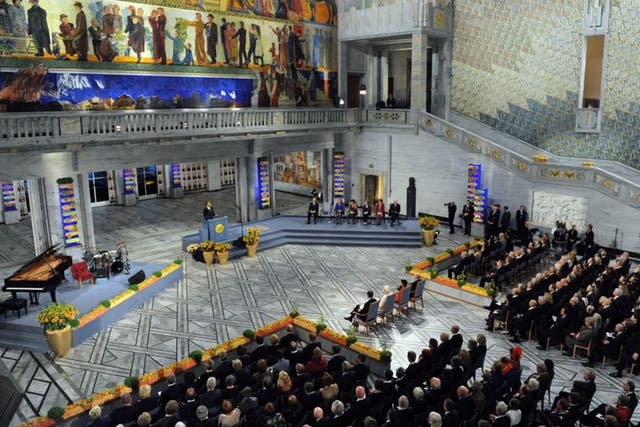 US President Barack Obama delivering his Nobel lecture at the Nobel Peace Prize award ceremony at City Hall in Oslo in 2009