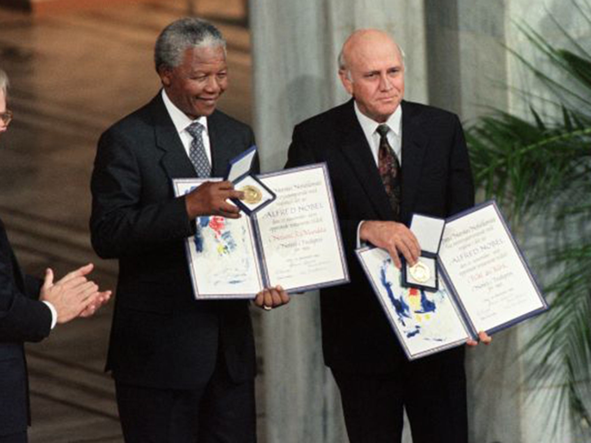 Nelson Mandela, then President of South African African National Congress, and South African President Frederik de Klerk were awarded the peace prize in 1993 for their work to end apartheid peacefully