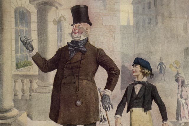 The characters 'Mr Micawber', left, and 'Young Copperfield' in an illustration from the Charles Dickens novel 'David Copperfield' circa 1850