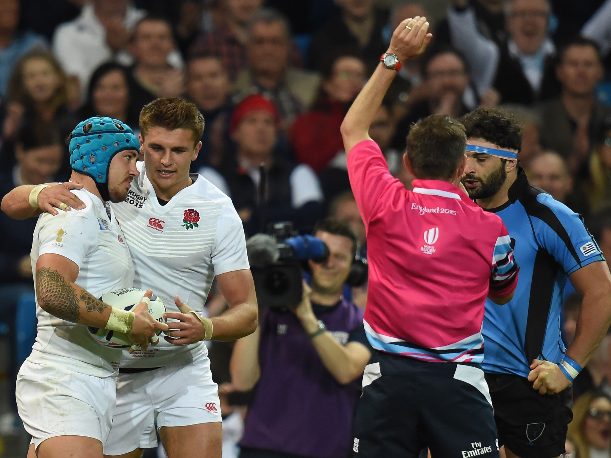 Jack Nowell celebrates with Henry Slade after scoring one of his three tries against Uruguay