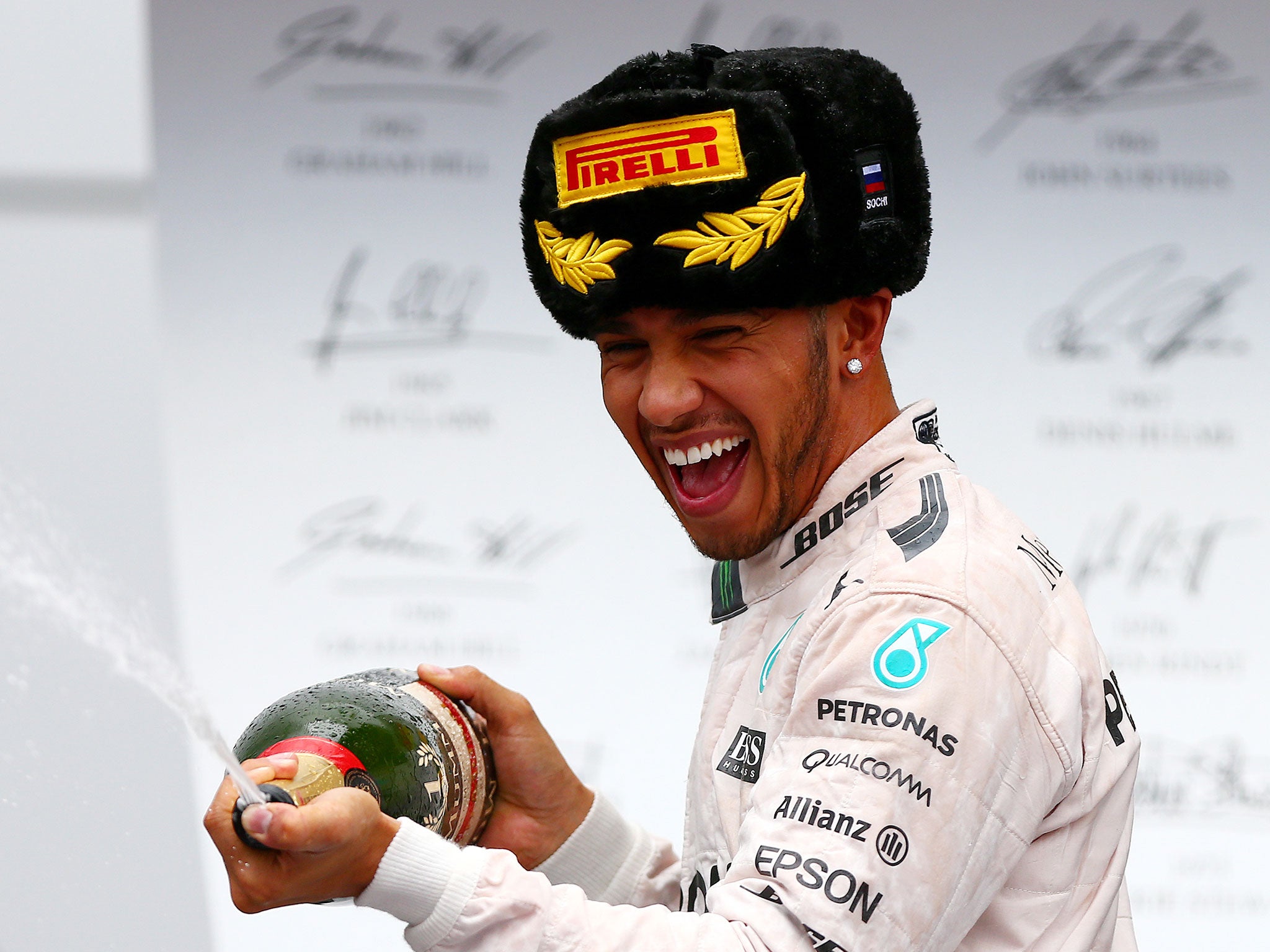 Lewis Hamilton celebrates victory in the Russian Grand Prix